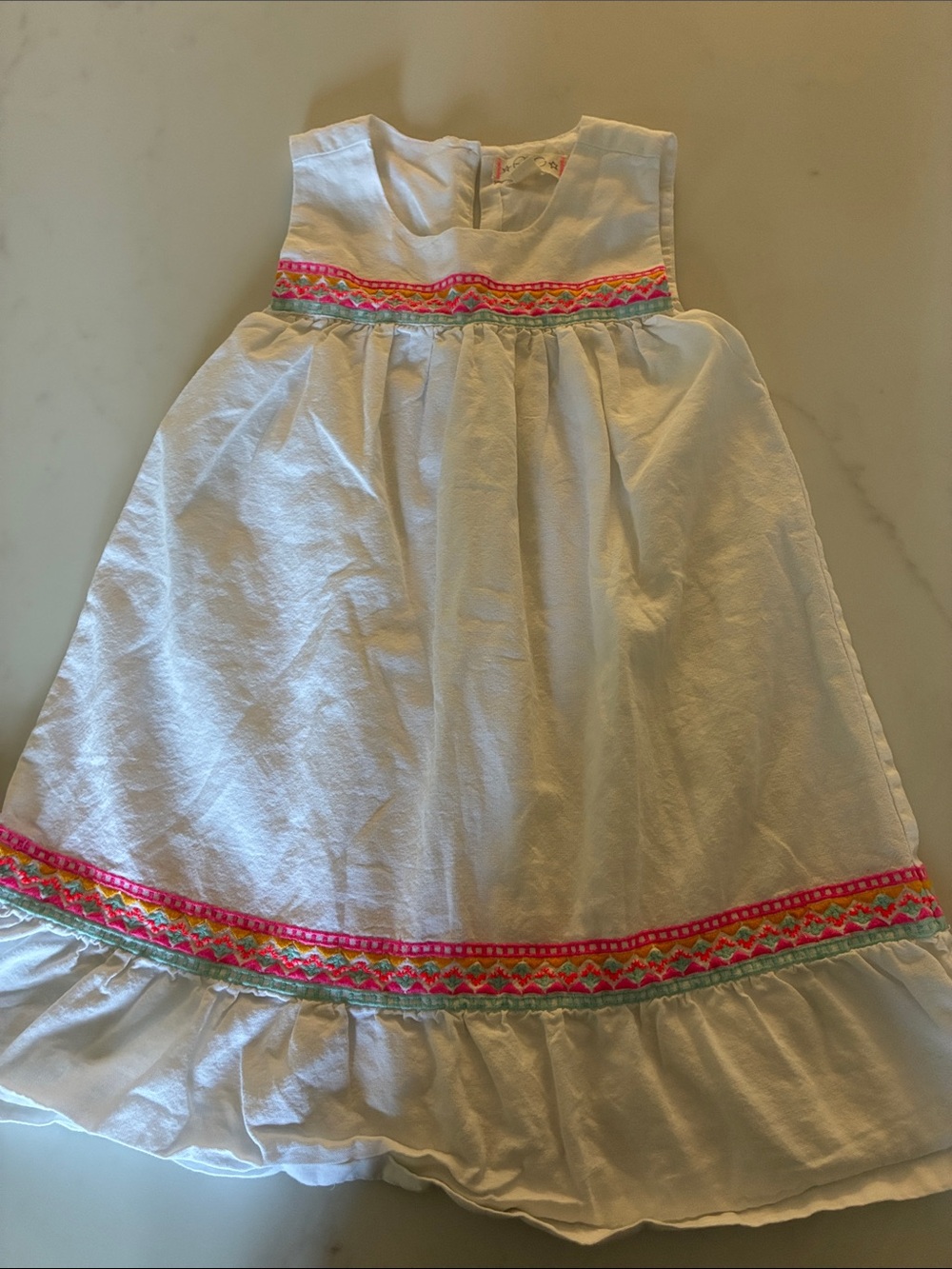 White Embroidered Girls' Summer Dress with Pink & Green Trim